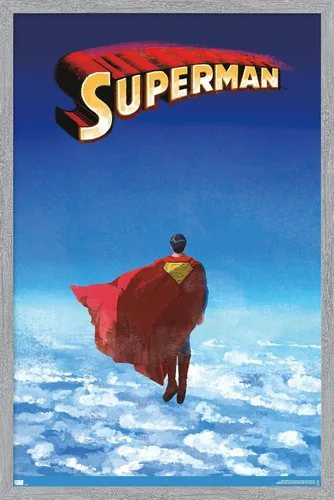 Vista 13 de DC Comics Superman - Póster de pared de nubes de horizonte, 22.4 pulgadas de largo x 14.7 pulgadas de ancho, versión enmarcada de madera de granero
