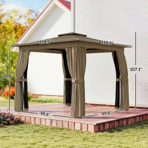 Vista 7 de Outsunny - Glorieta de patio al aire libre de 10 x 10 pies, refugio con toldo resistente de doble techo, cortinas, malla, marco de acero, protección