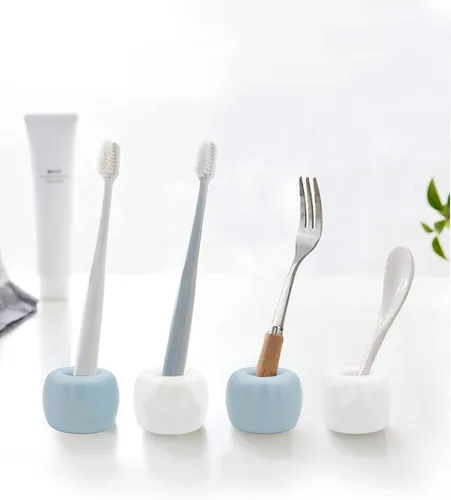 Vista 2 de Paquete de 4 mini soportes de cerámica para cepillos de dientes individuales mínimos para baño