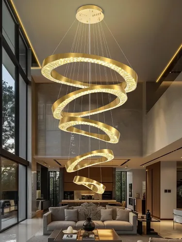 Vista 2 de Flashing God Lámpara de Araña Grande para Techo Alto, Lámpara de Araña de Cristal Moderna de 5 Anillos para Entrada, Accesorios de Iluminación