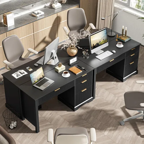 Vista 6 de Vabches Escritorio ejecutivo acanalado con cajones, escritorio de madera para computadora con amplio cajón de archivos, escritorio de oficina