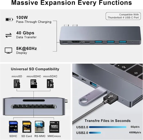 Vista 3 de Hub USB C, adaptador USB C 8 en 2 Thunderbolt 4 HDMI MacBook Air Pro M1-M4 Hub Thunderbolt 4 • HDMI 4K • 100W PD • 40Gbps • USB C 3.0 • 3 USB A