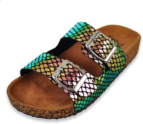 Vista 2 de Olivia Miller Zapatos para niños, Bailando Piel de Serpiente Sirena Doble Hebilla Plantilla Doble Correa Niñas Sandalias de Diapositiva Planas