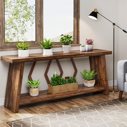 Vista 6 de Tribesigns Mesa consola de granja de 70.86 pulgadas, mesa de entrada de sofá largo industrial estrecha con almacenamiento, sofá de madera de 2 Marrón