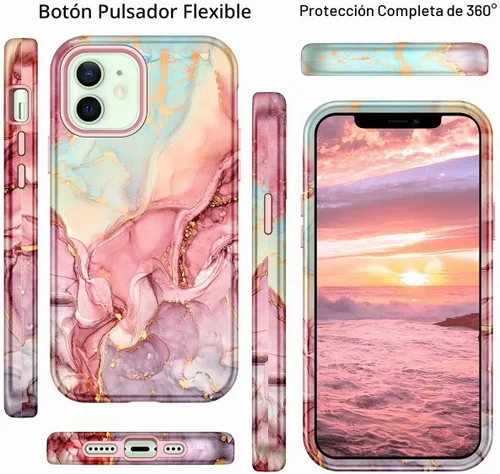 Vista 5 de Btscase para iPhone 12/iPhone 12 Pro, funda resistente de tres capas de mármol a prueba de golpes, cuerpo completo, PC duro + parachoques de TPU