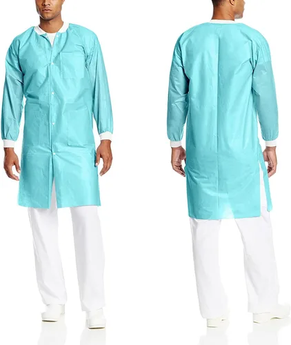 Vista 8 de 10 abrigos de laboratorio desechables Abrigo de laboratorio reutilizable duradero de 1.76 oz SMS hasta la rodilla con puños y bolsillos de punto