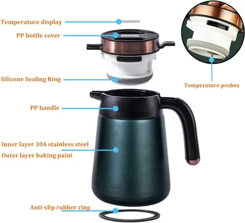 Vista 3 de Jarra térmica de café de 54 onzas con pantalla de temperatura, termo aislado de acero inoxidable 304 de doble pared, jarras de café para mantener