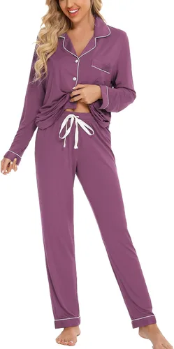 Vista 32 de Leikar Button Up Pajamas For Women Long Sleeve Viscose Soft Pjs Lounge bean paste
