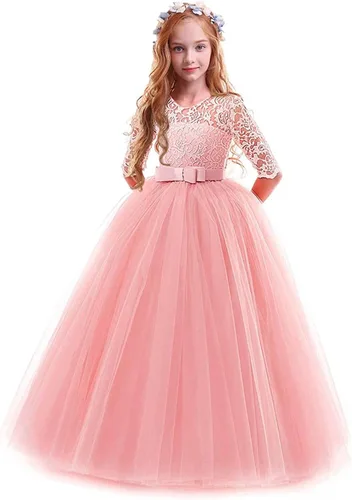 Vista 2 de Vestidos de punto de manga larga para niña pequeña, vestidos de princesa tutú de malla de encaje