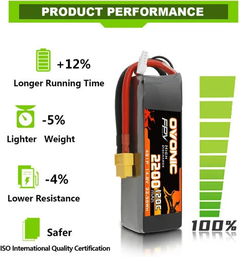 Vista 2 de OVONIC 4s Lipo Batería 120C 2200mAh 14.8V Lipo Batería con XT60 Conector forRC FPV Racing Drone Quadcopter