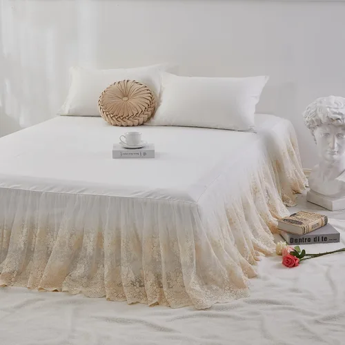 Vista 5 de Brandream Falda de cama de encaje, tamaño individual, color blanco crema, caída de 18 pulgadas, romántica con volantes y esquinas divididas
