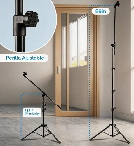 Vista 2 de Paquete de 2 soportes para micrófono, soporte de micrófono trípode Bietrun con altura de boom ajustable, con bolsa de transporte y clips