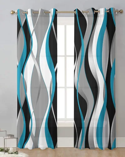 Vista 2 de Cortinas traslúcidas modernas a rayas aguamarina de 84 pulgadas de largo, juego de 2 paneles de cortinas para cocina, dormitorio, sala de estar