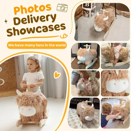 Vista 8 de Caballo mecedor para bebé de 1 año de edad, juguete mecedor de madera de vaca de juguete de peluche de madera para cuarto de niños, sala