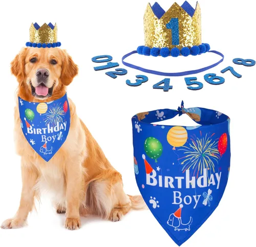 Vista 10 de ADOGGYGO - Bandana de cumpleaños para perro, sombrero de cumpleaños azul, números de edad, talla S 3 tamaños, bandana transpirable, corona dorada