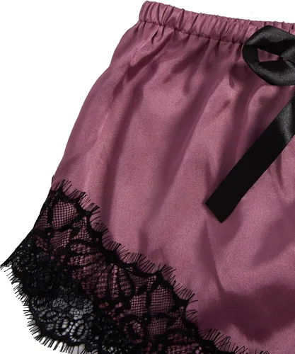 Vista 7 de WDIRARA Conjunto de pijama de 3 piezas de satén con encaje floral y pantalones cortos para mujer con bata