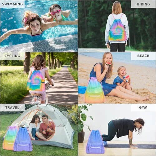Vista 3 de Mochila de malla con cordón, bolsa de gimnasio deportiva grande para mujeres y niños con bolsillo y cremallera para playa, yoga, fútbol, fútbol