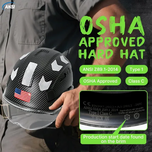 Vista 6 de Aolamegs Carbon Fiber Pattern Hard Hat with Visor, ANSI Z89.1 Vented Safety Helmet, OSHA Approved Construction Hardhat for Men, 6-Point Suspension