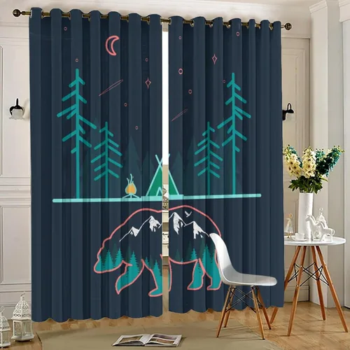 Vista 5 de Cortinas abstractas con estampado de cámper de caricaturas, divertido tema de aventura, campamento, montañas, vida silvestre, oso, tratamiento