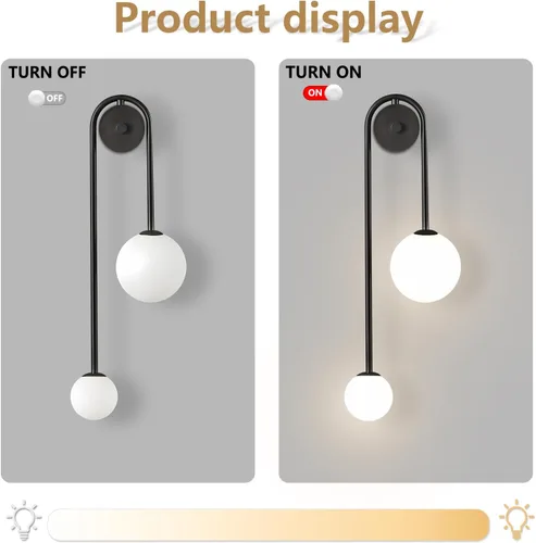 Vista 3 de Lámpara de Pared Moderna con Globo de Vidrio de 2 Luces, Aplique de Pared de Latón Doblemente Cepillado, Iluminación de Mediados de Siglo, Lámpara