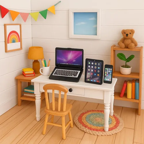 Vista 4 de Juego de 3 piezas de casa de muñecas en miniatura negro con tableta portátil de metal y teléfono inteligente para escala 1/6 1/12, muebles de casa