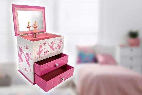 Vista 6 de Caja de música bailarina de 2 cajones con collar de bailarina de color plateado