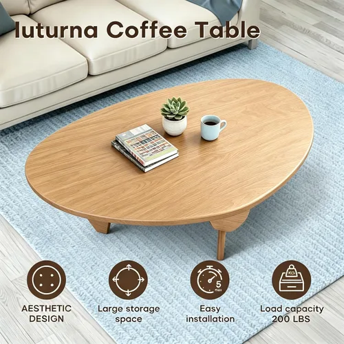 Vista 4 de Mesa de centro moderna de madera maciza, mesa central triangular única para sala de estar, 35.4 x 22.8 x 16.5 pulgadas, natural