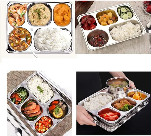 Vista 5 de Platos de porciones divididas irrompibles – Fiambrera de acero inoxidable bandeja dividida con 5 secciones divididas bandeja de cafetería