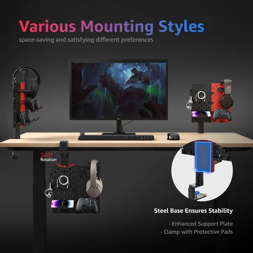 Vista 3 de PEGZONE Tablero de clavijas de abrazadera, soporte modular para auriculares y controlador, soporte de controlador giratorio con ganchos para cable