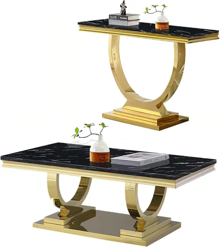 Vista 24 de Juego de 2 mesas de café de mármol, juego de mesa de sala de estar de 2 piezas que incluye 1 mesa auxiliar y 1 mesa auxiliar, moderna mesa de centro
