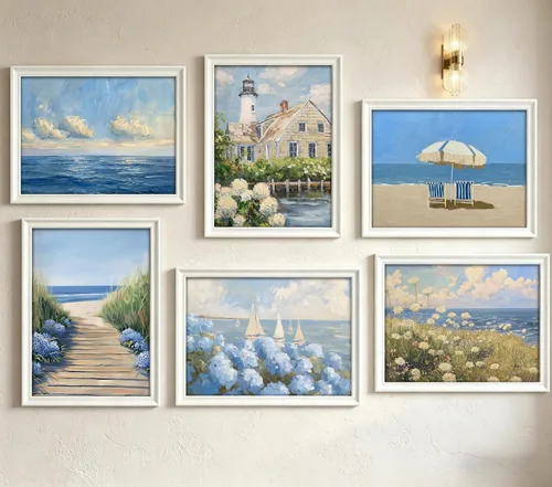Vista 14 de DULASI Juego de 6 lienzos de paisaje costero de playa, impresiones en lienzo de océano rosa y azul, cuadros abstractos de paisaje marino de verano