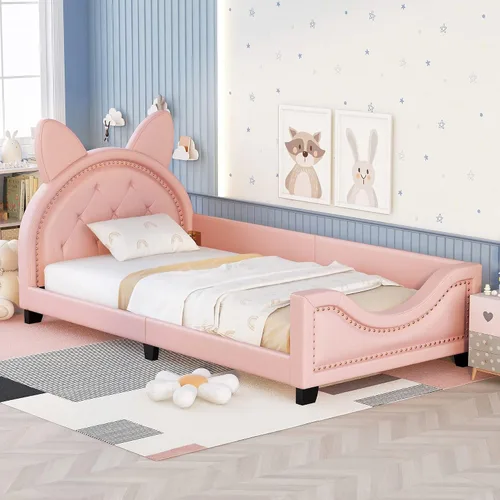 Vista 3 de FridayParts Sofá cama tapizado de tamaño individual con cabecero en forma de orejas de cartón, rosa
