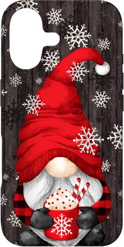 Vista 32 de iPhone 14 Pro Gnomo de Navidad rojo para mujeres con taza de cacao caliente lindo estuche de Navidad
