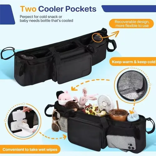 Vista 5 de Organizador doble para cochecito de bebé con 2 bolsillos más fríos, para Bob Duallie y Baby Jogger City Mini GT2, sistemas de cochecito doble