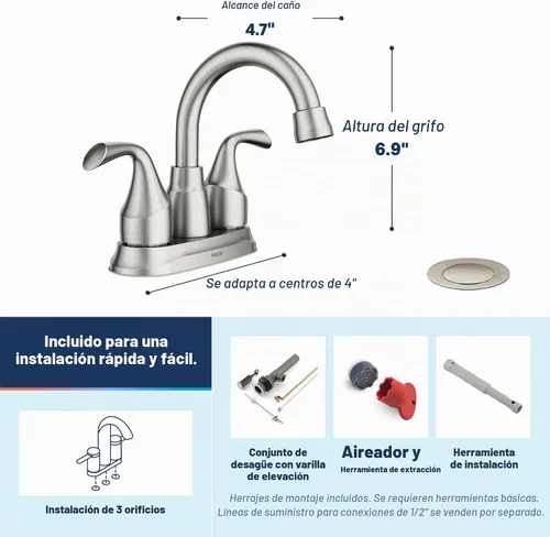 Vista 3 de Moen Idora – Grifo de lavabo de baño con dos asas, centrado, de níquel cepillado resistente a las manchas, con montaje de desagüe, 84115SRN
