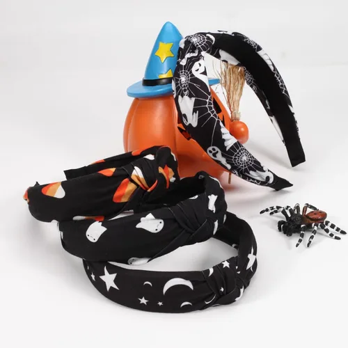 Vista 2 de Ardorchid Diademas de Halloween para mujeres y niñas, esqueleto fantasma, calabaza, telaraña, estrella negra, luna, bandas para el pelo