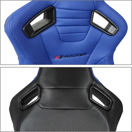 Vista 5 de IKON MOTORSPORTS, Par de asientos universales de carreras con deslizadores dobles, cuero de PU azul y carbono reclinable izquierdo y derecho