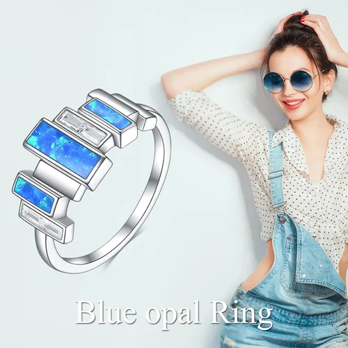 Vista 2 de POTOPYY Anillo de ópalo para mujer, plata de ley S925, anillo de ópalo de fuego azul, joyería de ópalo creado para mujer, regalo de cumpleaños