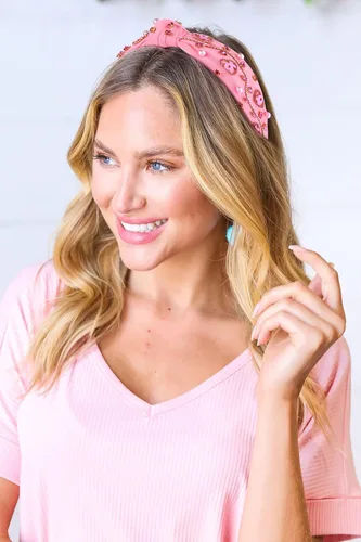 Vista 2 de boderier Diademas de concientización sobre el cáncer de mama para mujer, diadema anudada de cristal, diadema de corazón rosa con cinta de amor
