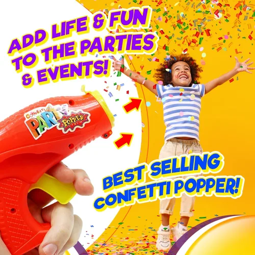Vista 6 de JA-RU Poppers de confeti para niños con recambios (1 pistola de confeti y 28 disparos) coloridos para fiestas, regalos de fiesta para bodas