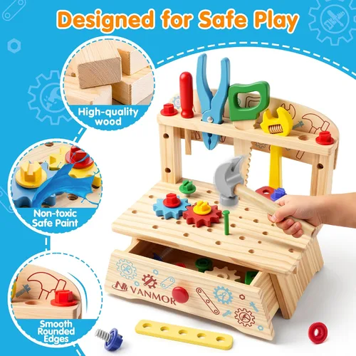 Vista 6 de Juego de herramientas de madera para niños, 57 piezas de juguete