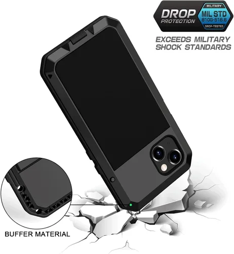 Vista 3 de Lanhiem Funda de metal para iPhone 13, resistente a los golpes, con protector de pantalla de vidrio integrado, funda protectora de cuerpo completo