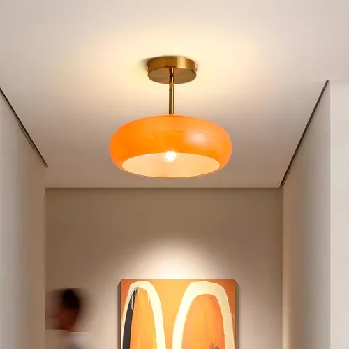 Vista 7 de FCTWAKS Lámpara de techo semiempotrada dorada moderna de 11 pulgadas con pantalla de cristal naranja, lámpara de mediados de siglo para pasillo