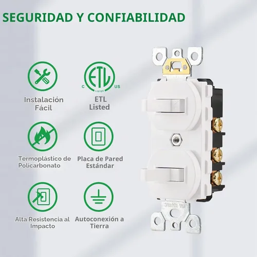 Vista 3 de Wengart Interruptor de Luz de Doble Palanca, 15 Amperios AC120 Voltios, Interruptor de Pared Eléctrico de Grado Residencial, Ideal para Hogar