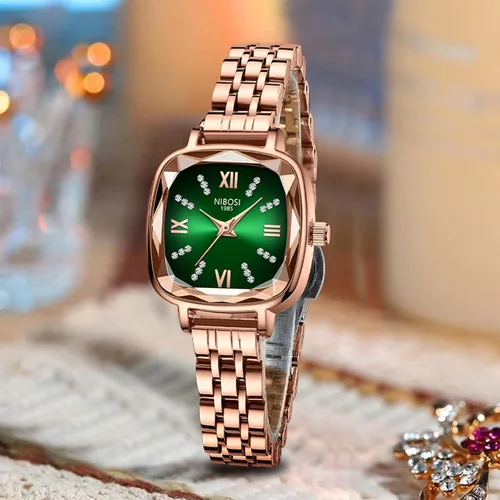 Vista 5 de NIBOSI Reloj analógico cuadrado con esfera verde para mujer, elegante reloj de pulsera con diamantes de oro rosa con correa de acero inoxidable