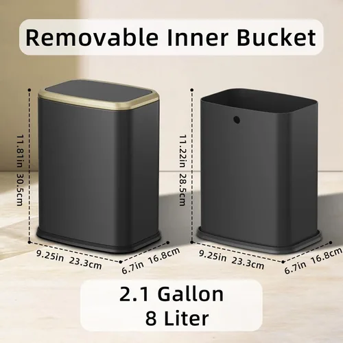 Vista 6 de Cubo de basura pequeño para baño de 8L/2.1 galones con tapa, cubo de basura rectangular con tapa abatible, cubo de basura de acero inoxidable