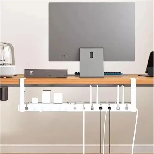 Vista 2 de Extendable Under-desk Cable Management Tray, No Drilling Required, Adjustable Clips, Cable Hidden Channel Organizer(Fixed black)
