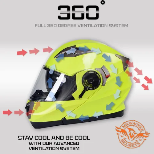 Vista 4 de Cascos Milwaukee MPH9809DOT Ionized Amarillo Neón Avanzado Casco Modular de Motocicleta para Motociclista con Visera Desmontable