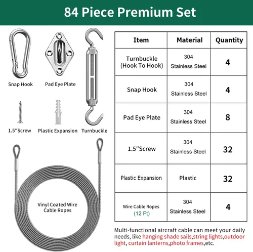 Vista 4 de Kit de accesorios para toldo de 6 pulgadas, juego de 84 piezas de accesorios de montaje de vela de acero inoxidable con 48 pies (12 pies x 4) cables
