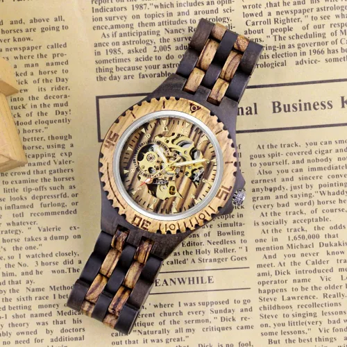 Vista 5 de Dentily Reloj mecánico de madera para hombre, esqueleto con movimiento automático, reloj de madera con números árabes, relojes de cuerda automática